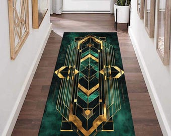 Gold Circle Runner Rug, Art Deco Hallway Runner Rug , Geometric Gold Patterns, Glam Green Modern Carpet for Entryway, Stylish Long Floor Mat