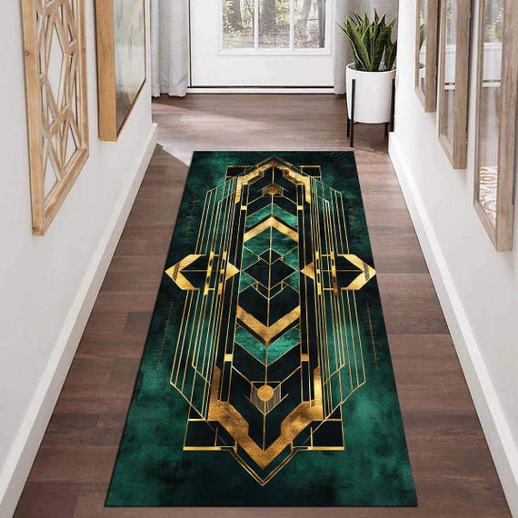 Art Deco Runner Rug, Emerald Green Luxury Rug