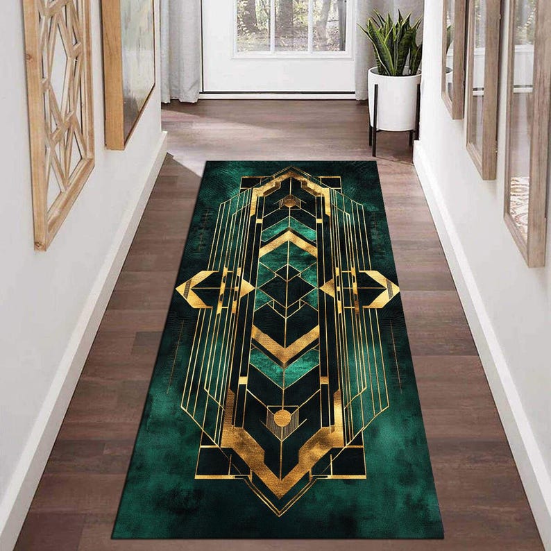 May include: A green and gold geometric patterned rug with a modern design. The rug has a distressed look and is perfect for an entrance hall or hallway.