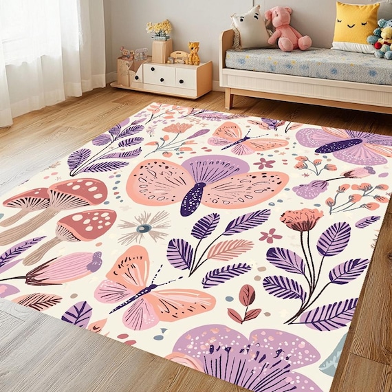Pastel Butterfly Rug, Kids Room Area Rug, Cute Nature Print Carpet