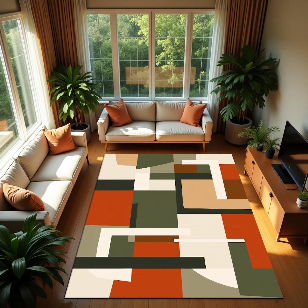 Color Block Area Rug, Orange Green Earthy Tones, Living Room Washable ...