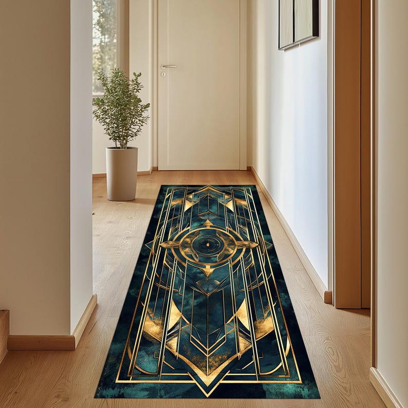 May include: A teal and gold geometric patterned runner rug with a central eye design. The rug is laid out in a hallway with wooden floors.
