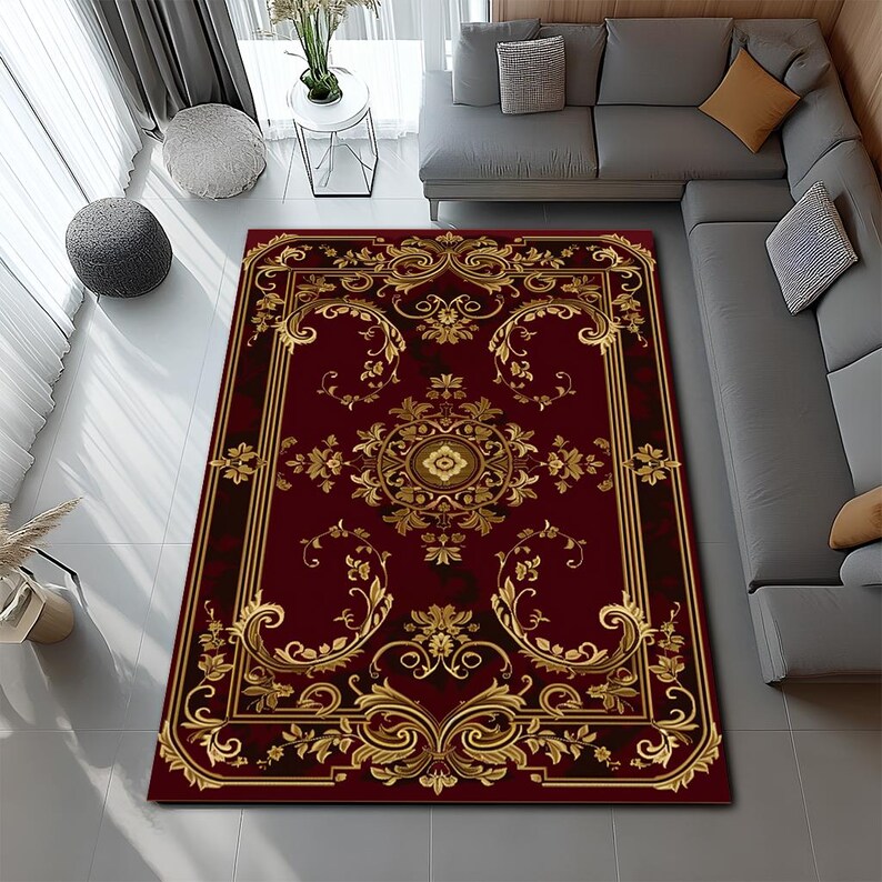 Round Baroque Rug Luxury Burgundy Baroque Rug, Ornate Gold Medallion Area Rug, Elegant ...