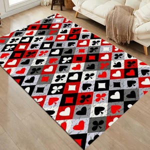 Alfombra de sala de estar con diseño de naipes, alfombra llamativa para sala de juegos, alfombra lavable, alfombra antideslizante