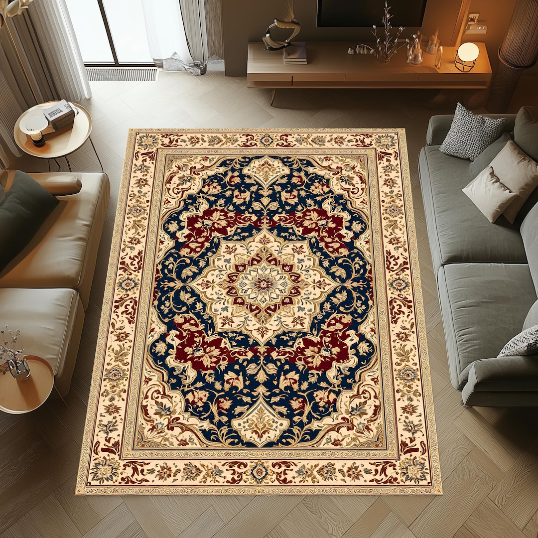 Persian Style Area Rug, Red Navy Traditional Rug, Living Room Rug ...