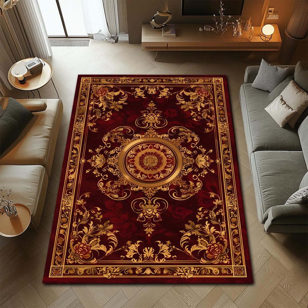 Luxury Burgundy Palace Rug, Ornate Gold Medallion Baroque Area Rug - Etsy