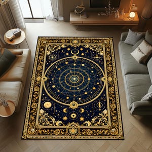 Celestial Zodiac Rug, Navy Gold Star Map, Mystical Washable Non-Sli