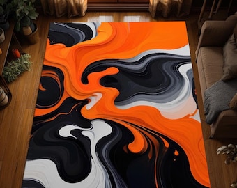 Orange Black Swirl Area Rug, Abstract Art Modern Carpet, Washable Non-Slip Carpet