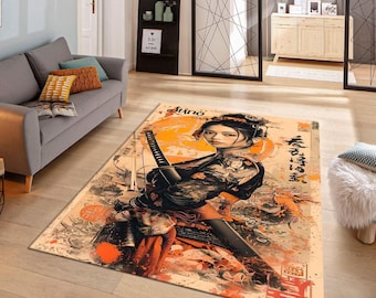 Samurai Girl Area Rug, Japanese Art Rug, Anime Style Carpet, Bold Warrior Living Room Rug, Gaming Room Decor, Washable Rug, Non Slip Rug