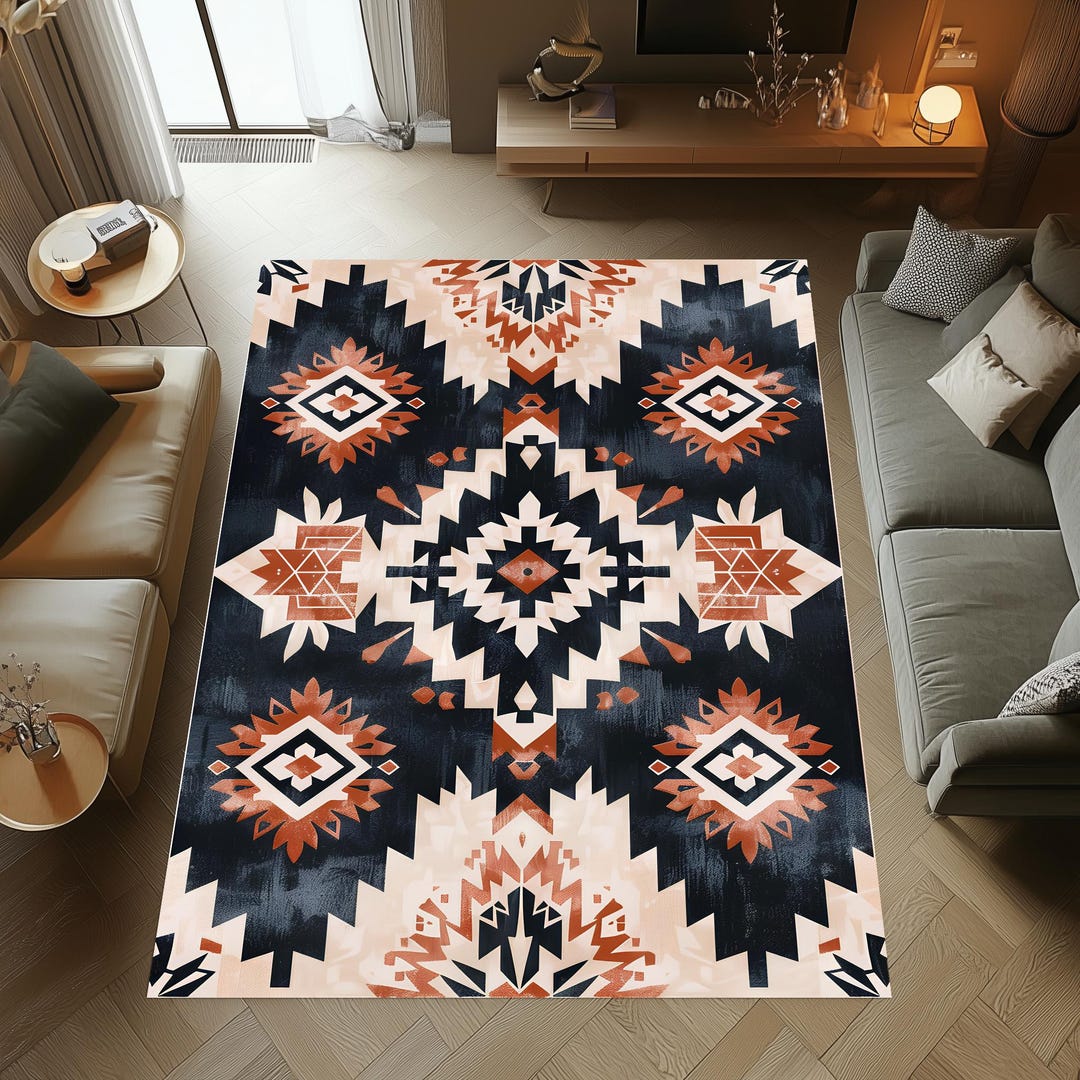 Navajo Inspired Area Rug With Bold Geometric Diamond Pattern in Navy ...