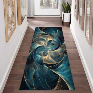 May include: A blue and gold abstract patterned runner rug with a swirling design. The rug is placed on a wooden floor in a hallway.