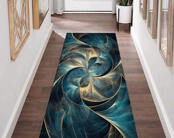 Blue Gold Abstract Runner Rug, Elegant Hallway Carpet, Non-Slip Washable