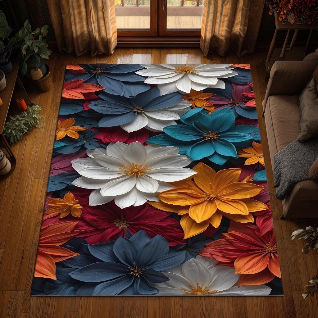 Colorful 3D Floral Area Rug With Bold Bloom Print, Modern Botanical ...