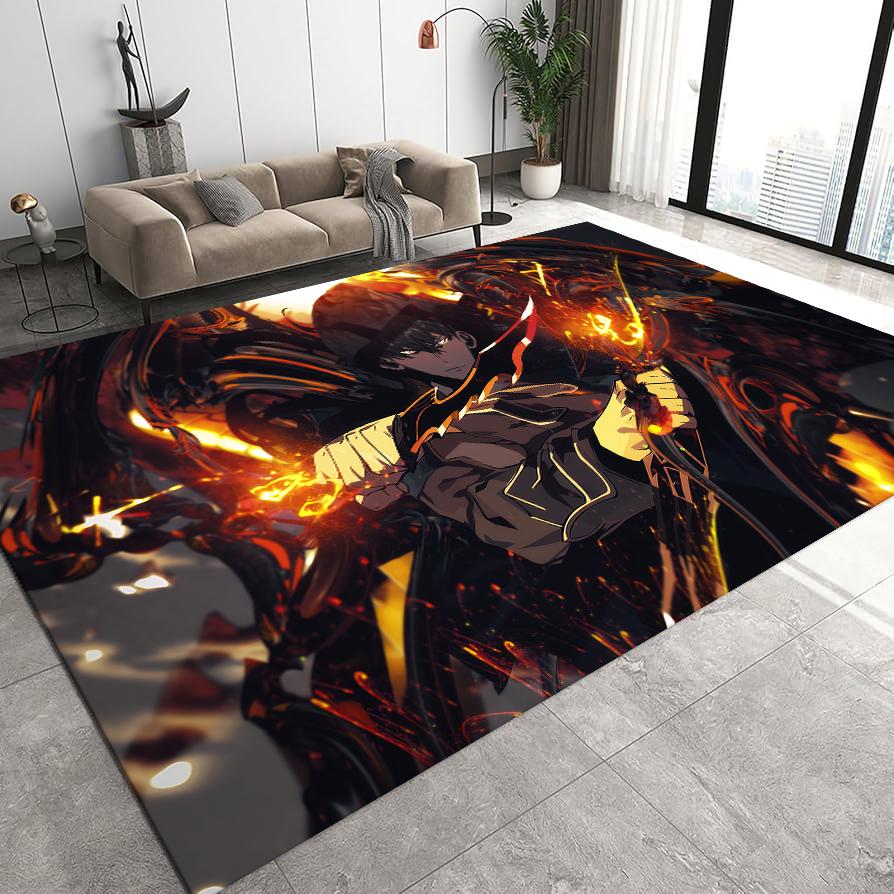 Anime Warrior Rug, Fire Element Gaming Room Rug, Japanese Art Style Carpet, Bold Fantasy Area Rug, Washable Rug, Non Slip Rug