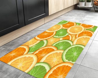 Citrus Kitchen Mat, Fruit Slice Rug, Orange Lemon Lime Decor, Colorful Floor Mat, Non Slip Kitchen Rug, Washable Rug, Area Rug
