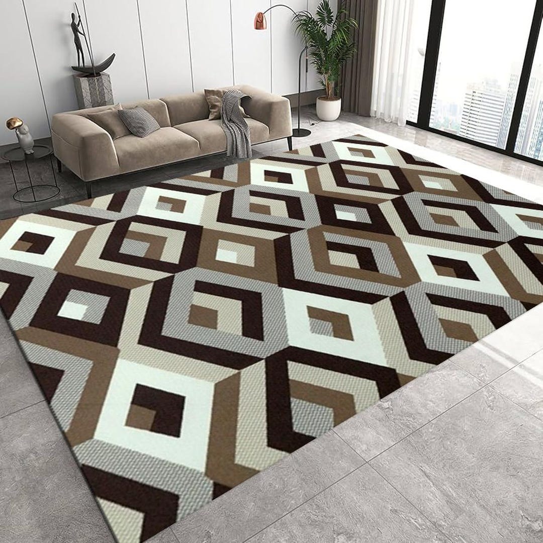 Brown Beige Geometric Living Room Rug, Area Rug, Washable Rug, Non Slip ...