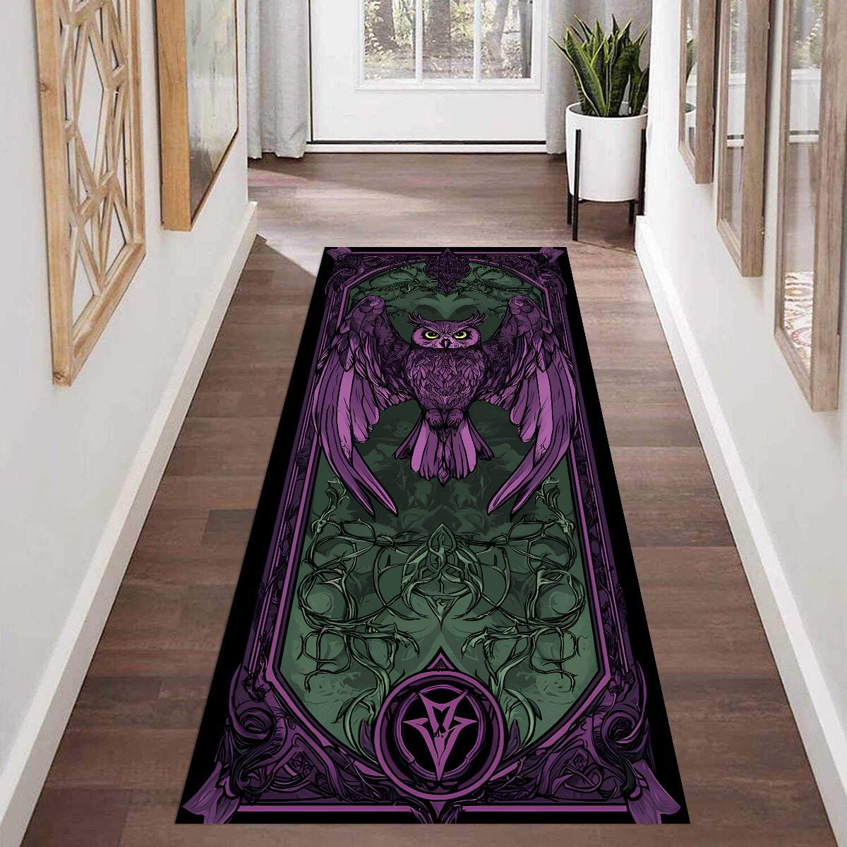 Gothic Owl Runner Rug with Dark Fantasy Design in Purple, Green and Black Tones for Alternative Hall