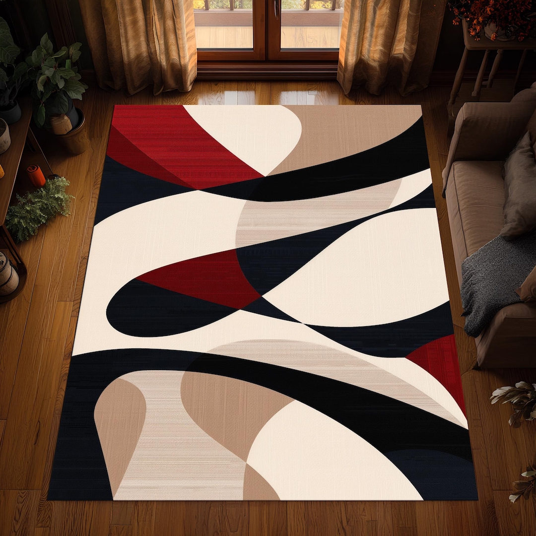 Modern Curved Line Rug, Red Black Beige Abstract Carpet, Fluid ...