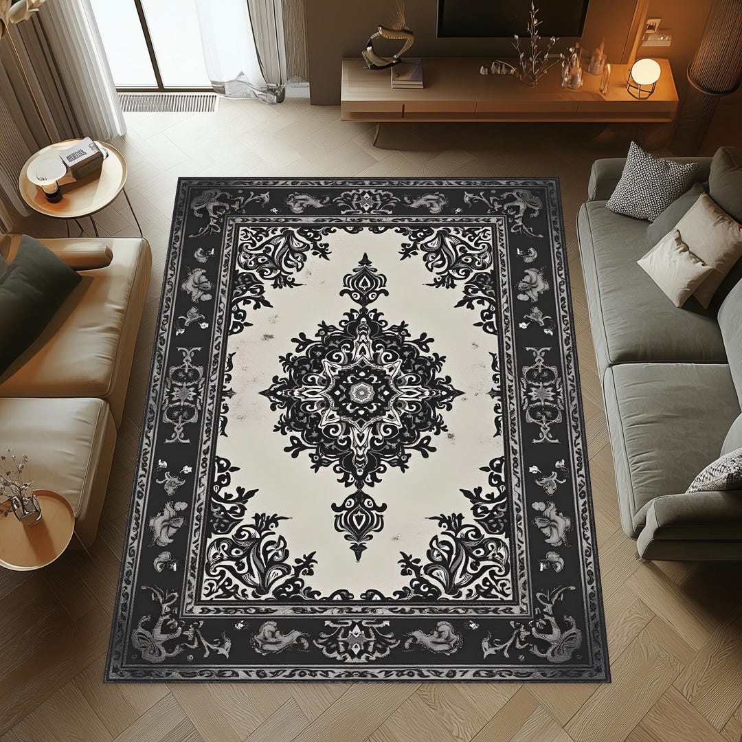 Black White Baroque Medallion Area Rug , Washable & Non Slip Rug - Etsy