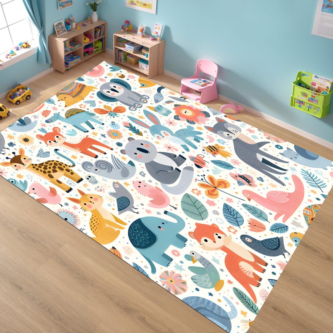 Cute Animal Kids Rug, Colorful Cartoon Jungle Rug, Soft Playroom Carpet ...