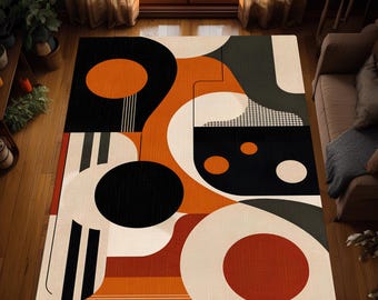 ミッドセンチュリーレトロサンパスラグ：オレンジブラック幾何学模様