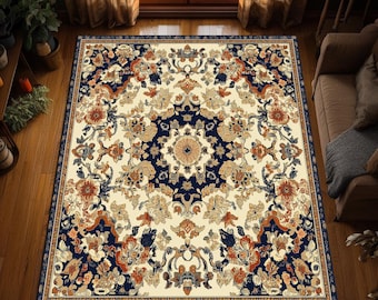 Tappeto persiano in stile vintage, con elegante motivo floreale a medaglione, antiscivolo e lavabile.