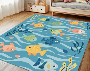 Alfombra infantil con diseño de océano, tapete de juego con peces marinos, lavable y antideslizante.