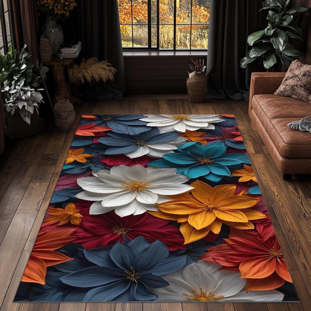 Colorful 3D Floral Area Rug With Bold Bloom Print, Modern Botanical ...