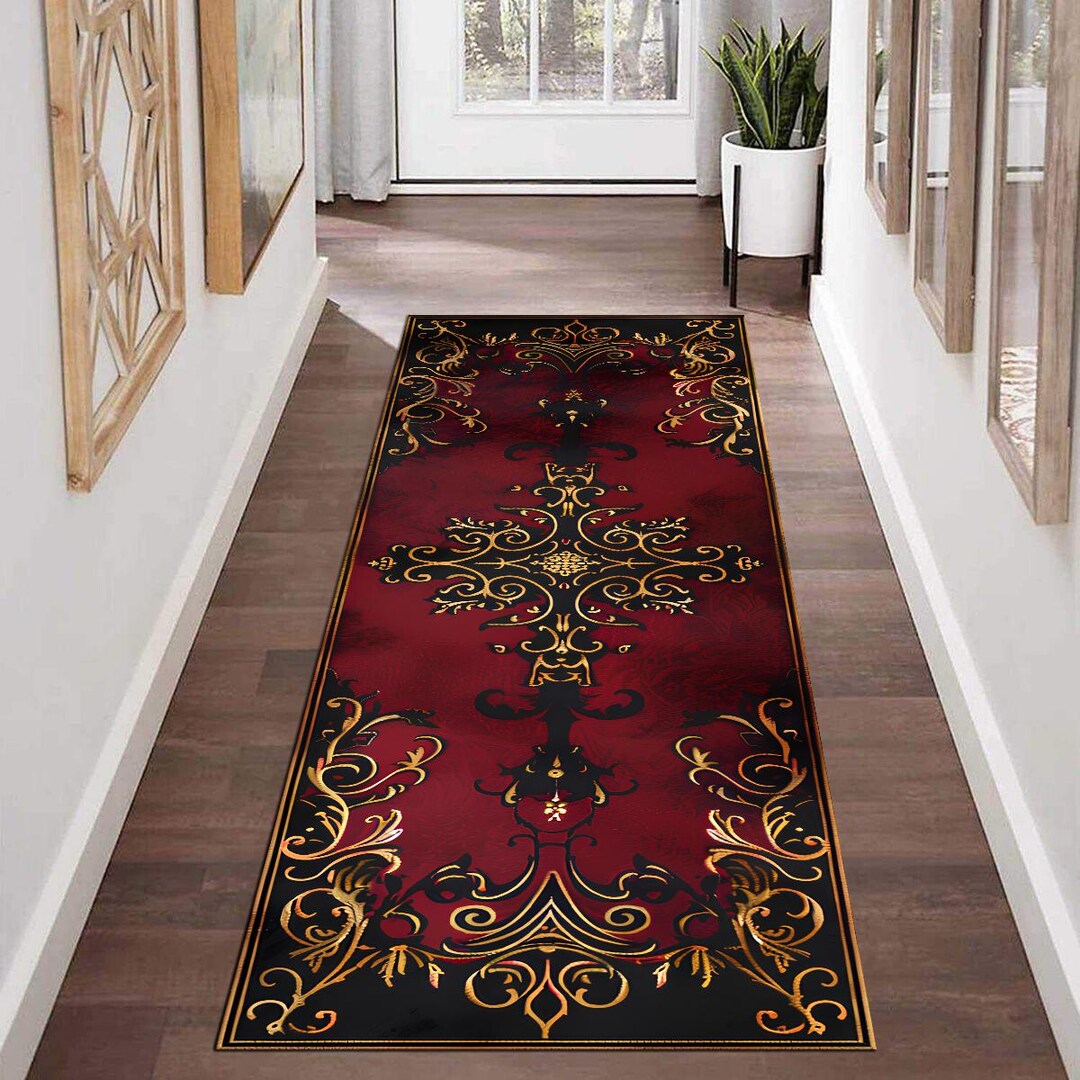 Gold Baroque Cross Runner Rug, Red Black Victorian Hallway Carpet ...