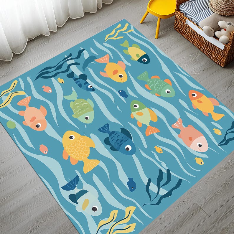 Colorful Fish Ocean Theme Kids Room Rug, Underwater Area Rug, Playroom ...