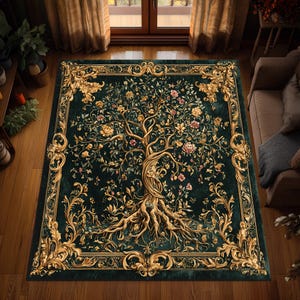 Tree of Life Area Rug, Mystical Botanical Carpet, Living Room Rug, Vintage Style Nature Decor, Sacred Tree Art, Washable Rug, Non Slip Rug