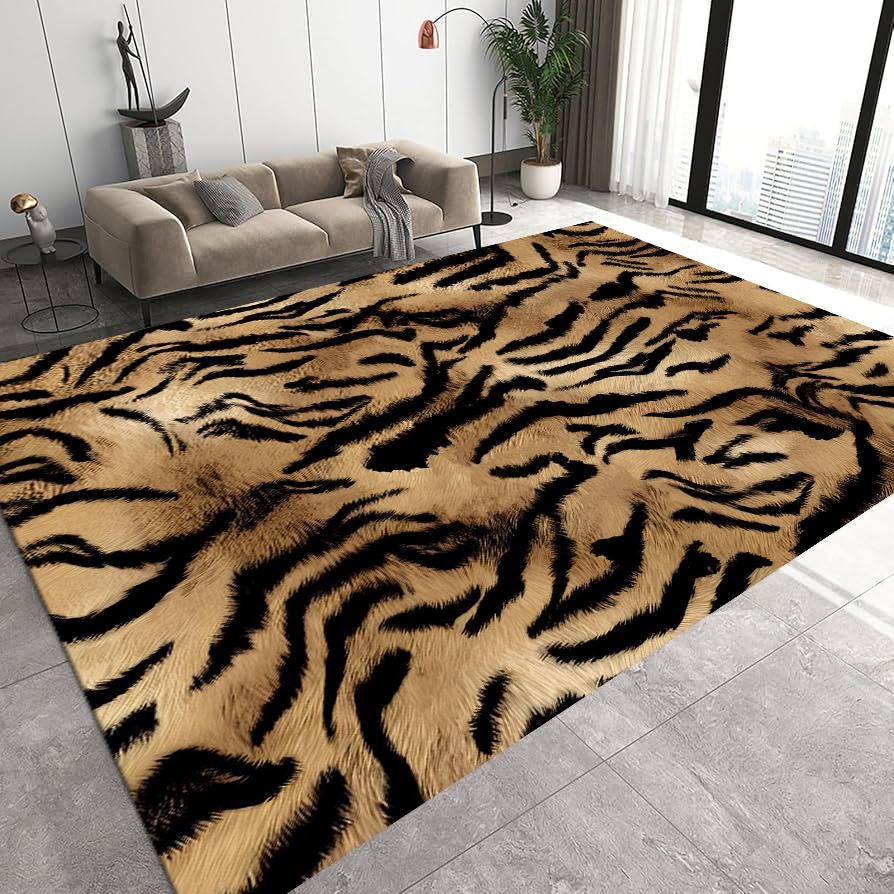 Tiger Print Area Rug, Faux Fur Animal Print Carpet, Bold Safari