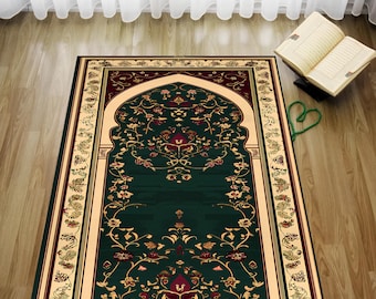 Alfombra de oración musulmana floral, estilo turco islámico, de terciopelo verde, ideal como regalo de Ramadán, elegante y lavable.