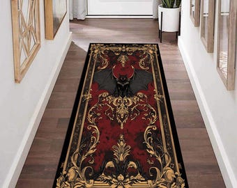 Gothic Bat Runner Rug, Red Black Victorian Carpet, Non Slip Washable Rug