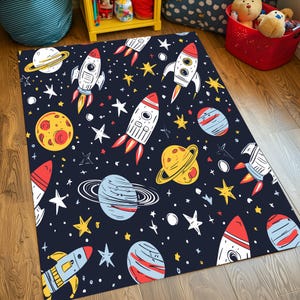 Kids Outer Space Themed Area Rug With Rockets, Planets and Stars in ...
