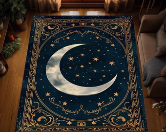 神秘的な月のエリアラグ、ダークブルーの天体三日月星柄カーペット