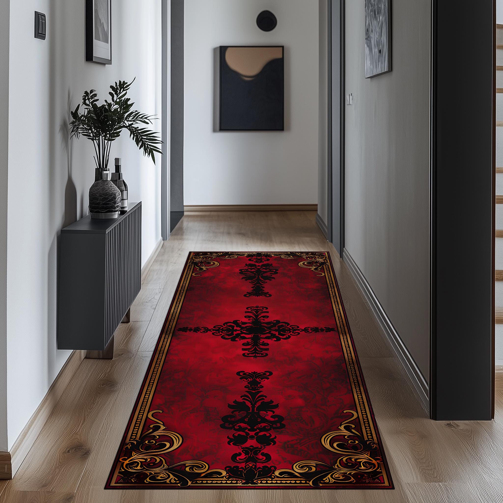 Baroque Red Black Runner Rug, Gothic Hallway Carpet, Ornate Gold Border ...