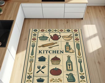 Vintage Style Kitchen Rug, Retro Cooking Theme Mat, Washable Non Slip Floor Rug, Colorful Floral Kitchen Decor