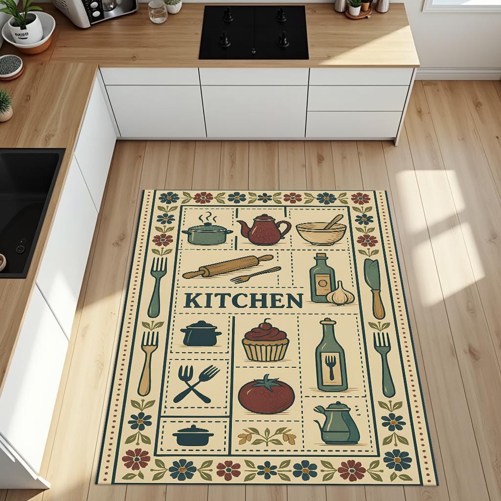 Kitchen Rug, Vegetable Fruit Illustrated Mat, Washable Non-slip Runner ...