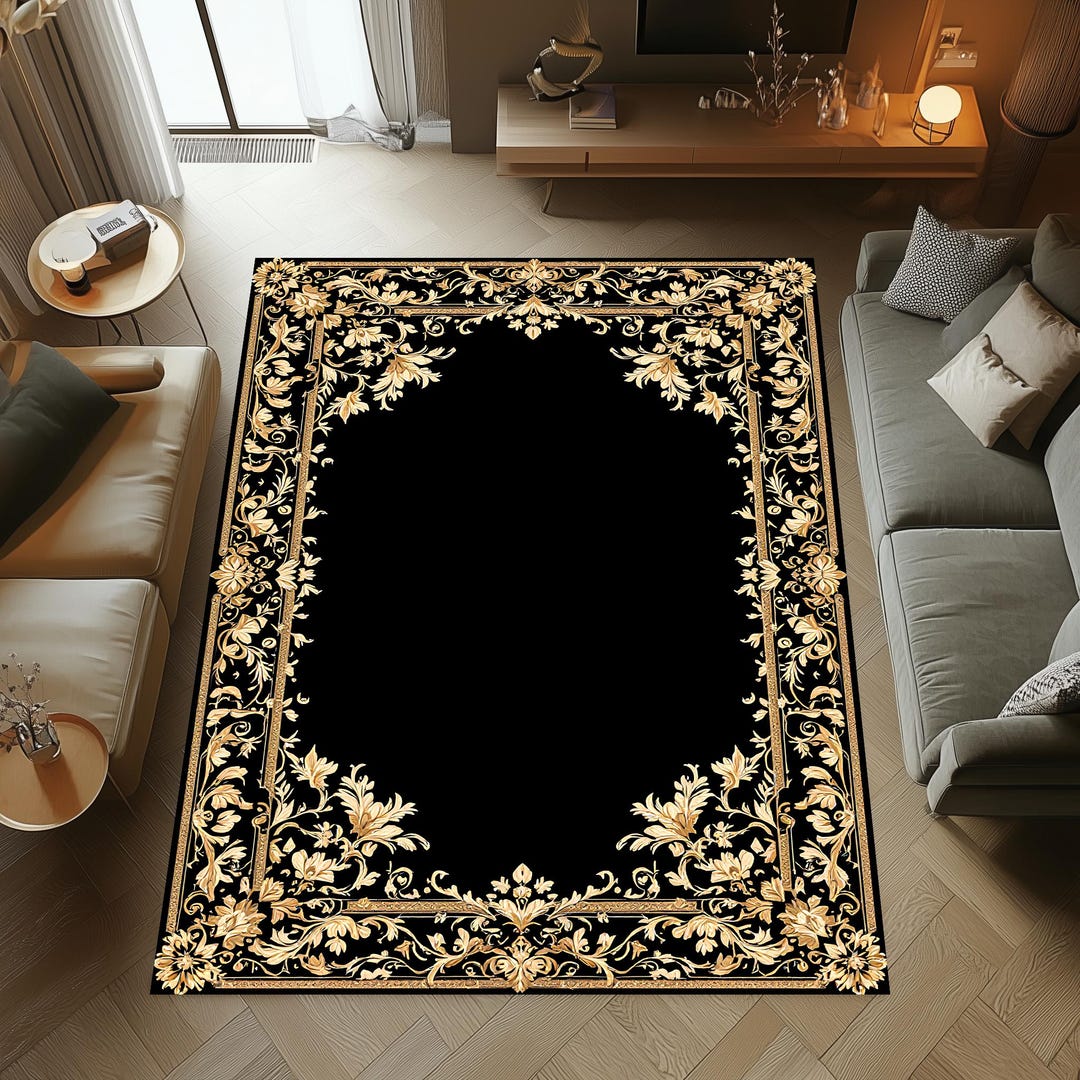Baroque Floral Black Rug, Vintage Style Ornate Area Rug, Elegant Living ...