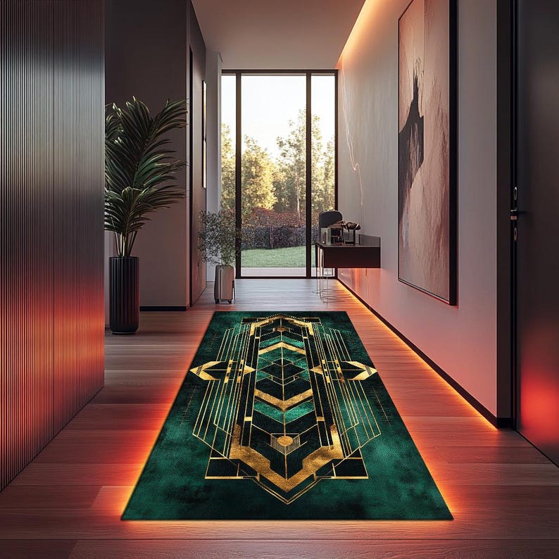 May include: A green and gold geometric patterned rug with a modern design. The rug is placed in a hallway with orange lighting.