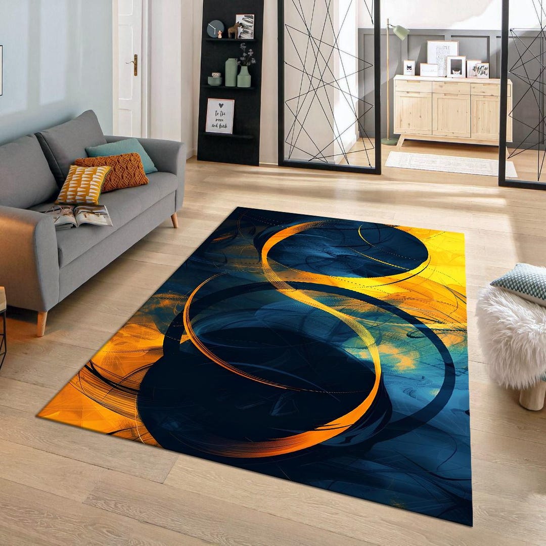 Abstract Blue and Yellow Modern Design Rug, Living Room Rug, Area Rug ...