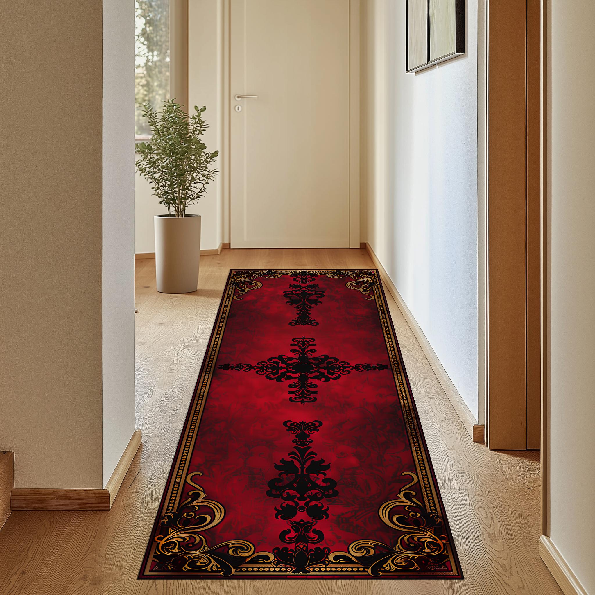 Baroque Red Black Runner Rug, Gothic Hallway Carpet, Ornate Gold Border ...