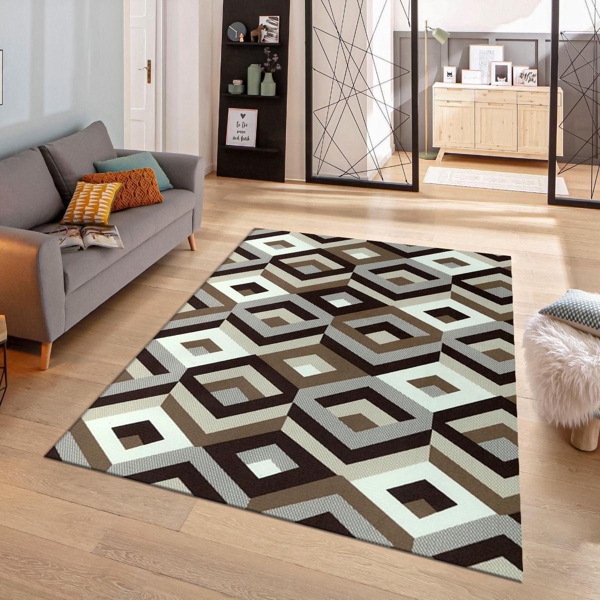Brown Beige Geometric Living Room Rug, Area Rug, Washable Rug, Non Slip ...
