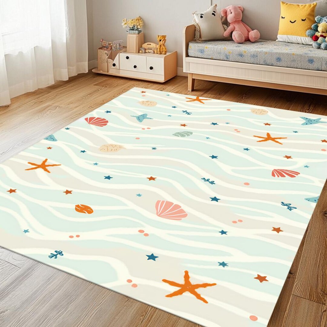 Ocean Theme Kids Area Rug, Starfish Shells Pastel Nursery Decor - Etsy