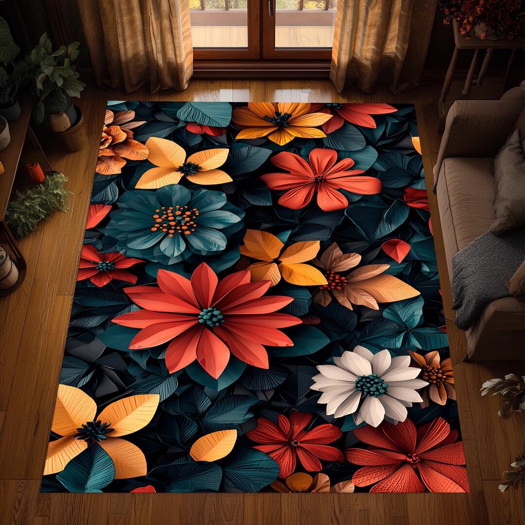 Bold Floral Area Rug, 3D Colorful Flower Rug, Living Room Rug, Vibrant ...