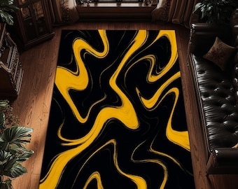 Yellow and Black Abstract Rug, Modern Art, Non-Slip Washable Carpet