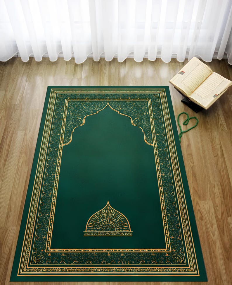 Prayer Ruh Minimal Green Prayer Rug, Islamic Seccade With Gold Border, Modern ...