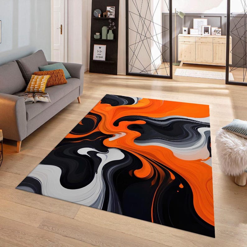 Orange Black Swirl Area Rug, Abstract Art Modern Carpet, Washable Non ...