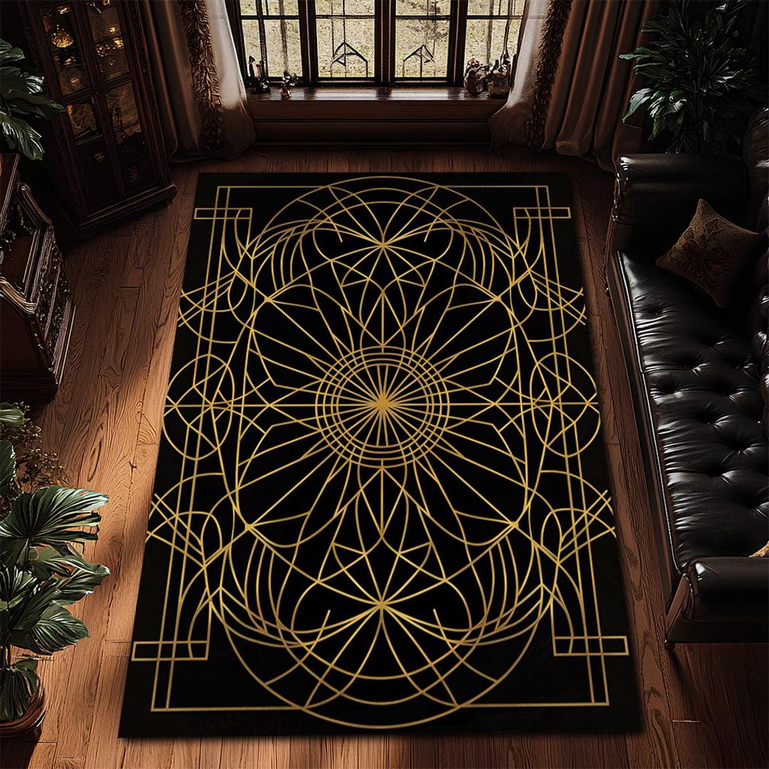 Black Gold Geometric Rug, Sacred Geometry Area Rug, Luxury Modern Home ...